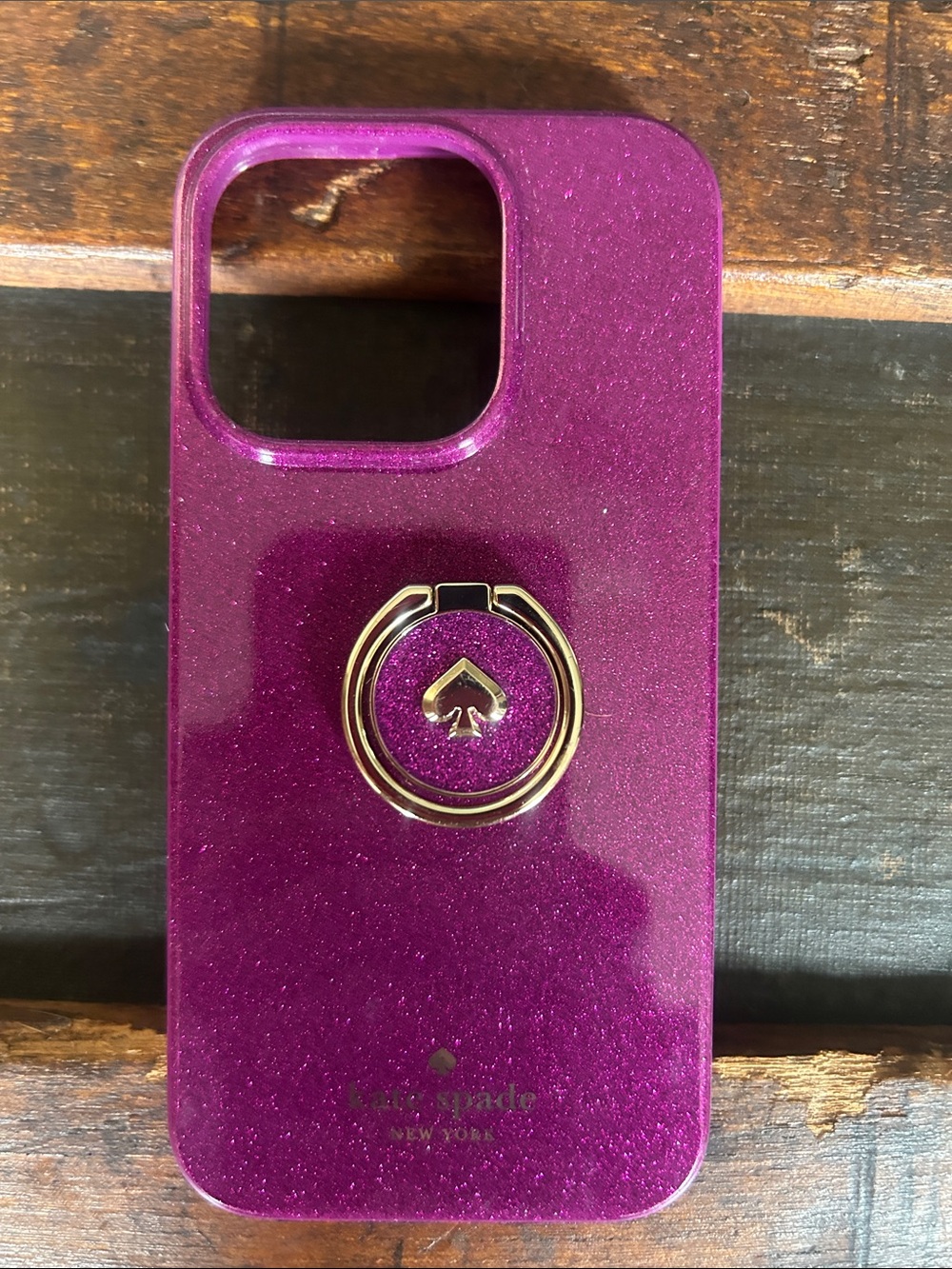 kate spade Glitter Purple iPhone 14 Pro Case with Gold Ring Grip